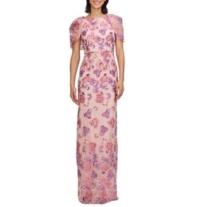 JS Collections Floral Embroidered Gown Pink Teigen Capelet Sleeve Sequin Size 4